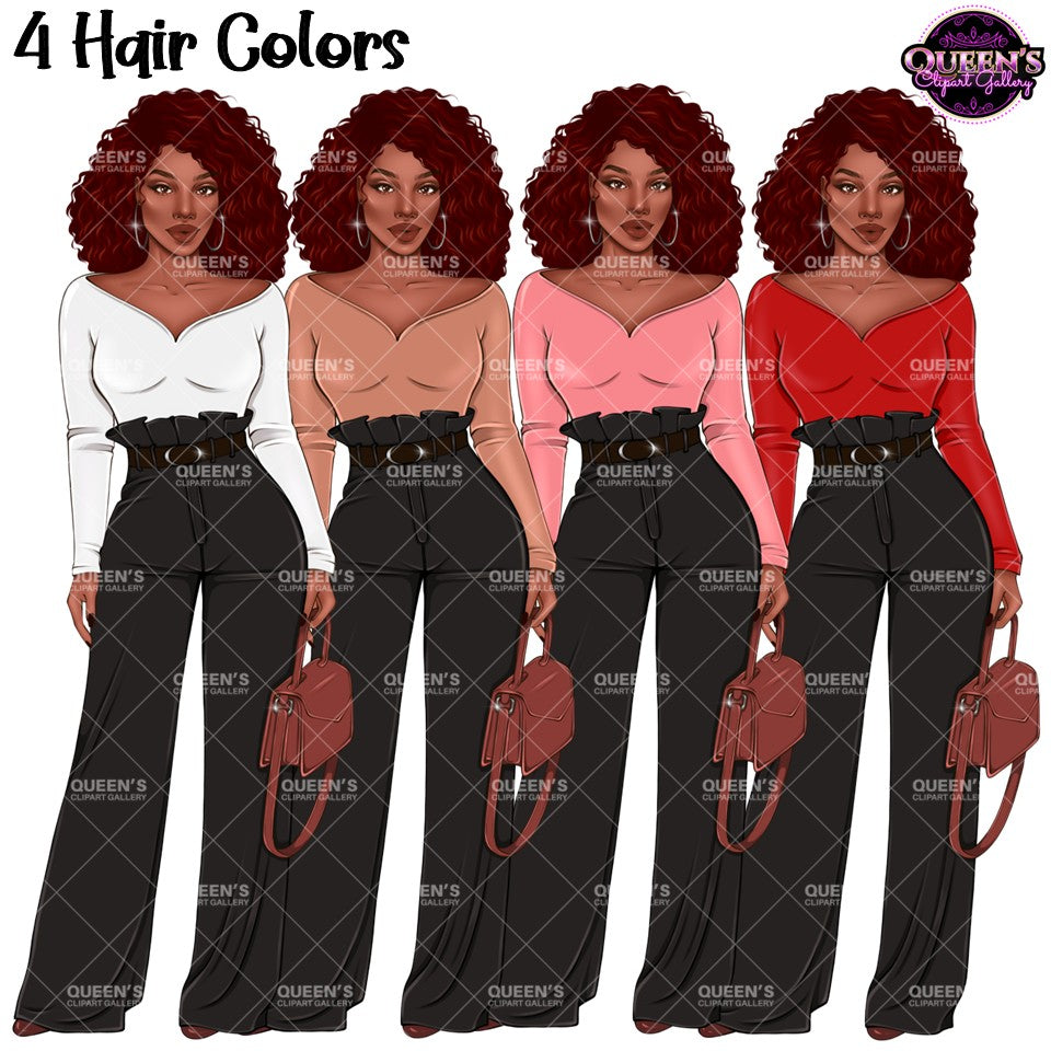 Black woman fashion clipart featuring red curly Afro hair, multiple shirt colors, black wide leg pants, hoop earrings, handbags, and transparent backgrounds