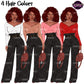 Black woman fashion clipart featuring red curly Afro hair, multiple shirt colors, black wide leg pants, hoop earrings, handbags, and transparent backgrounds