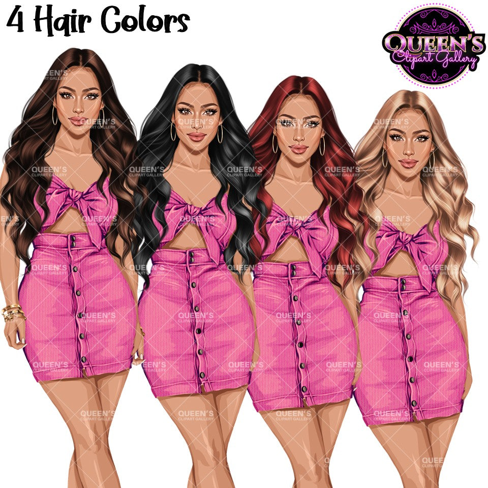 Fashion girl clipart featuring four hair colors with long wavy hairstyles and matching pink crop top and button-front mini skirt outfits.