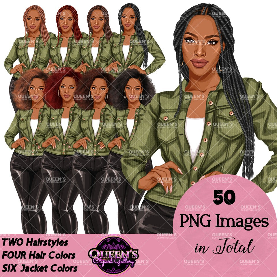 Digital clipart  featuring a stylized African American woman in a green button-up jacket and black pants.  Fashion woman clipart PNG featuring a stylish woman wearing a casual jacket with 2 hairstyles, 4 hair colors, 6 jacket color variations, and transparent background.