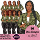 Digital clipart  featuring a stylized African American woman in a green button-up jacket and black pants.  Fashion woman clipart PNG featuring a stylish woman wearing a casual jacket with 2 hairstyles, 4 hair colors, 6 jacket color variations, and transparent background.