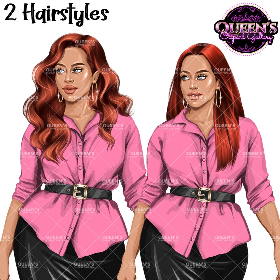 Curvy business woman clipart showing two red hairstyles with pink blouse, black pencil skirt and professional office attire with transparent backgrounds.