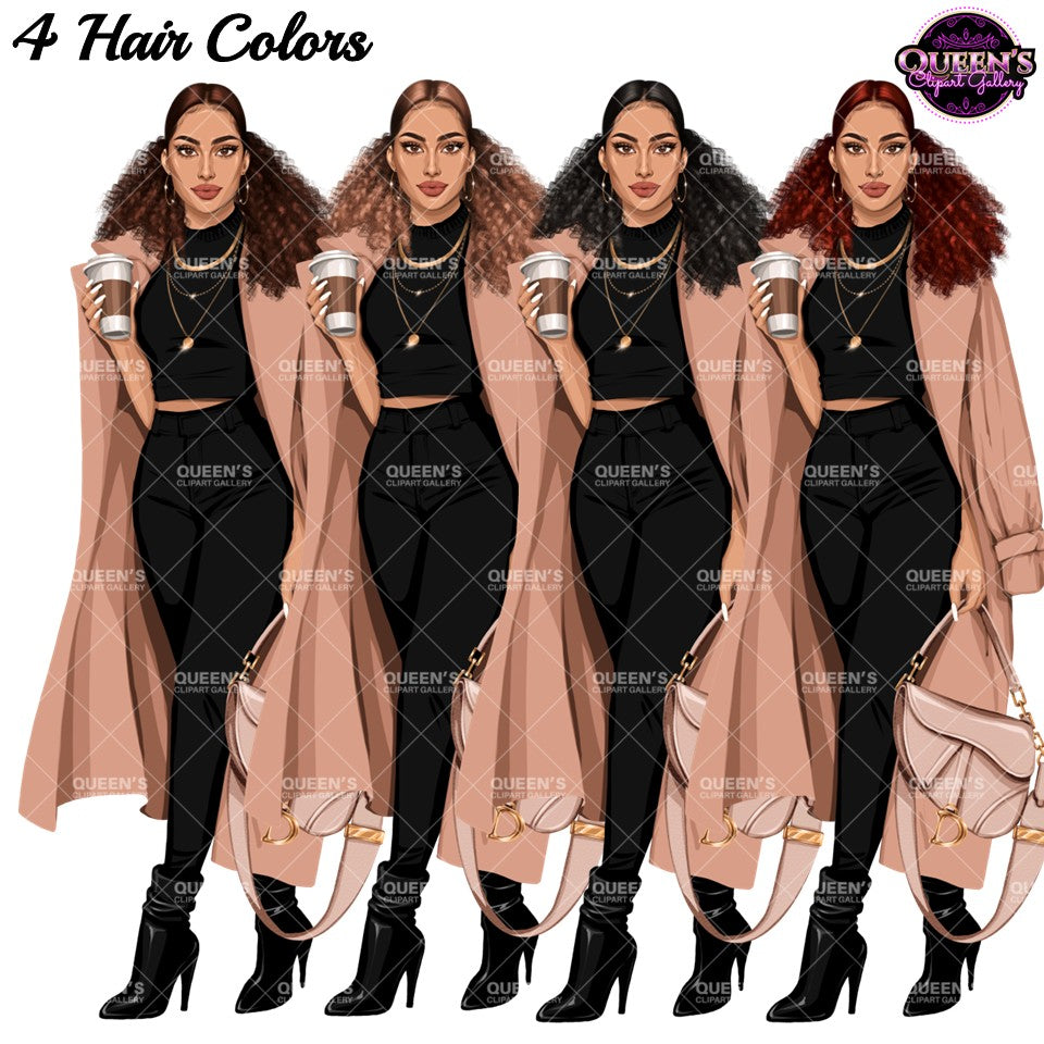 Woman Clipart | Fashion Woman Clipart | Fashion Woman Clipart | Coffee Woman PNG | Trench Coat Girl Clipart | Coffee Illustration