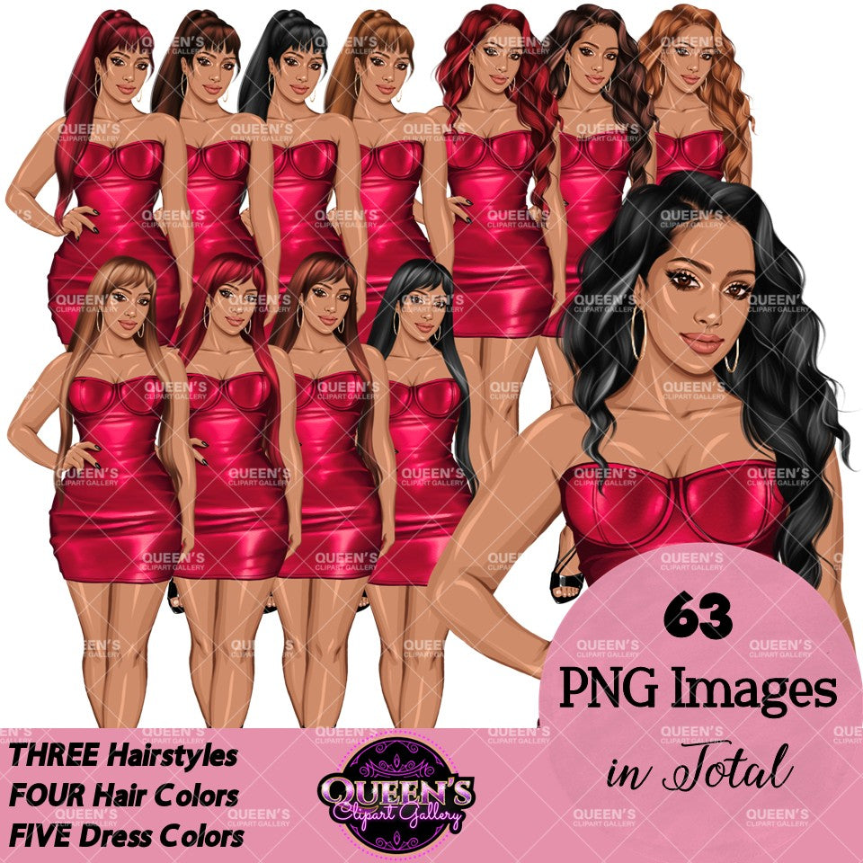 Digital fashion girl clipart pack featuring illustrated women wearing red strapless mini dresses.