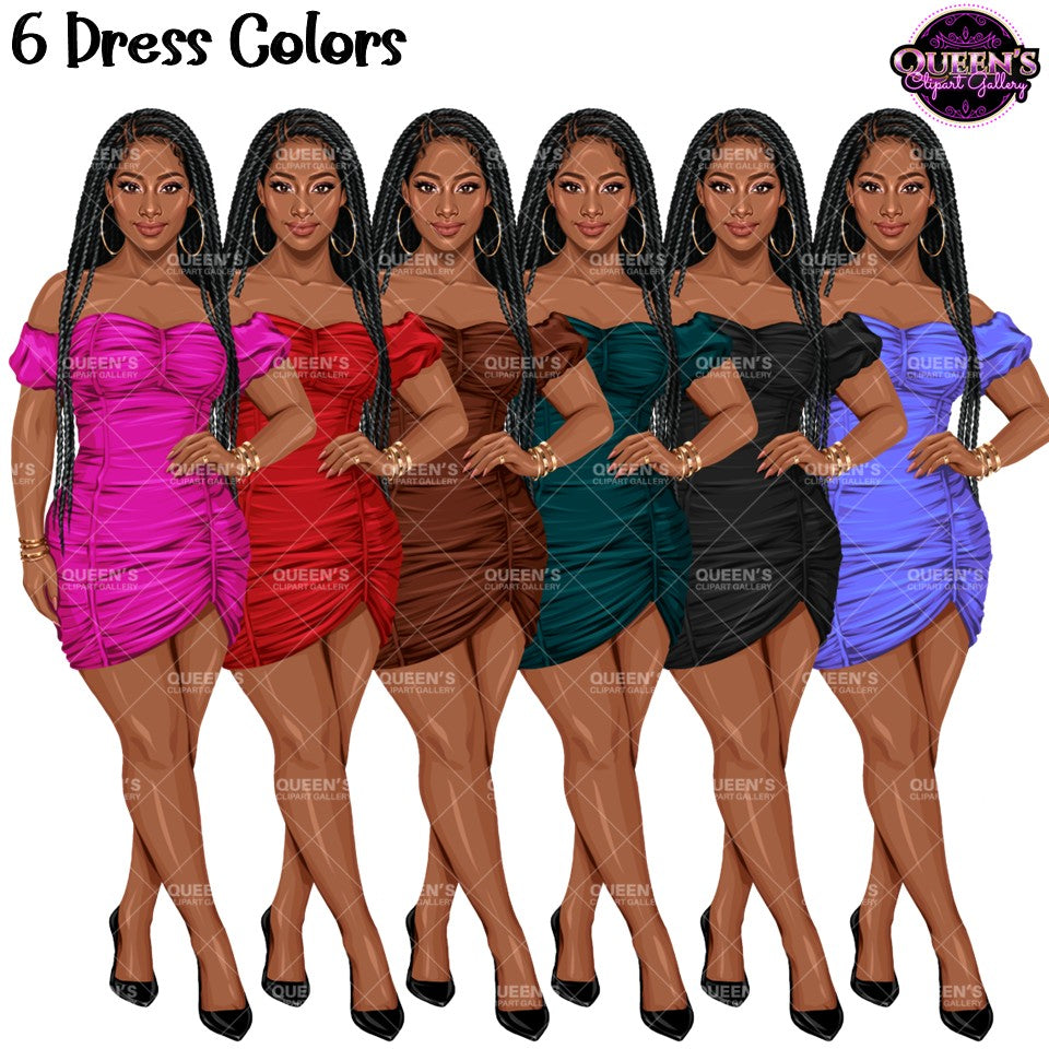 Black woman fashion clipart with long box braids wearing colorful off shoulder mini dresses, PNG illustrations with transparent backgrounds