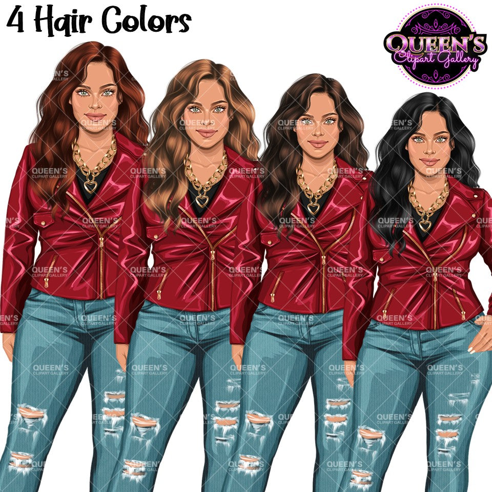 Curvy woman clipart PNG featuring wavy hairstyle in four hair colors with red leather jacket, ripped jeans and gold necklace with transparent backgrounds.