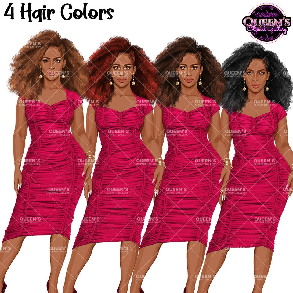 Afro woman clipart with natural curly hairstyles in multiple hair colors wearing stylish pink dresses.