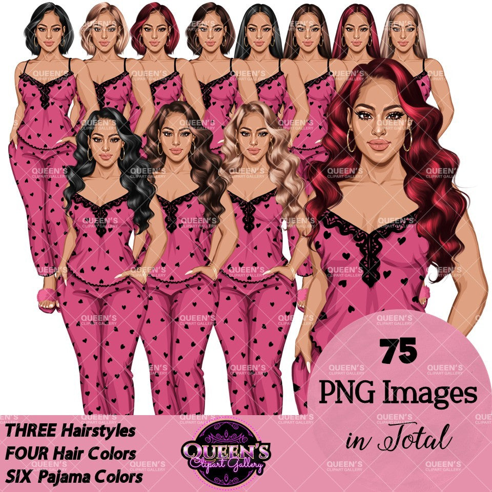 Non-African American white pajama girl clipart PNG featuring a stylish woman in heart print pink sleepwear with multiple hairstyles, hair colors, pajama color variations, and transparent background. Woman clipart PNG, modern female illustration for planners, websites, educational resources, and commercial use.