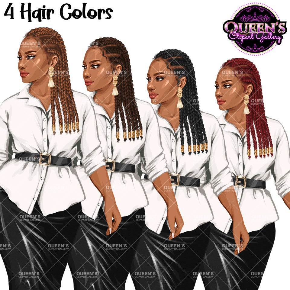 Black business woman clipart PNG featuring braided hairstyle with 4 hair color variations, professional blouse, pencil skirt, and transparent backgrounds.