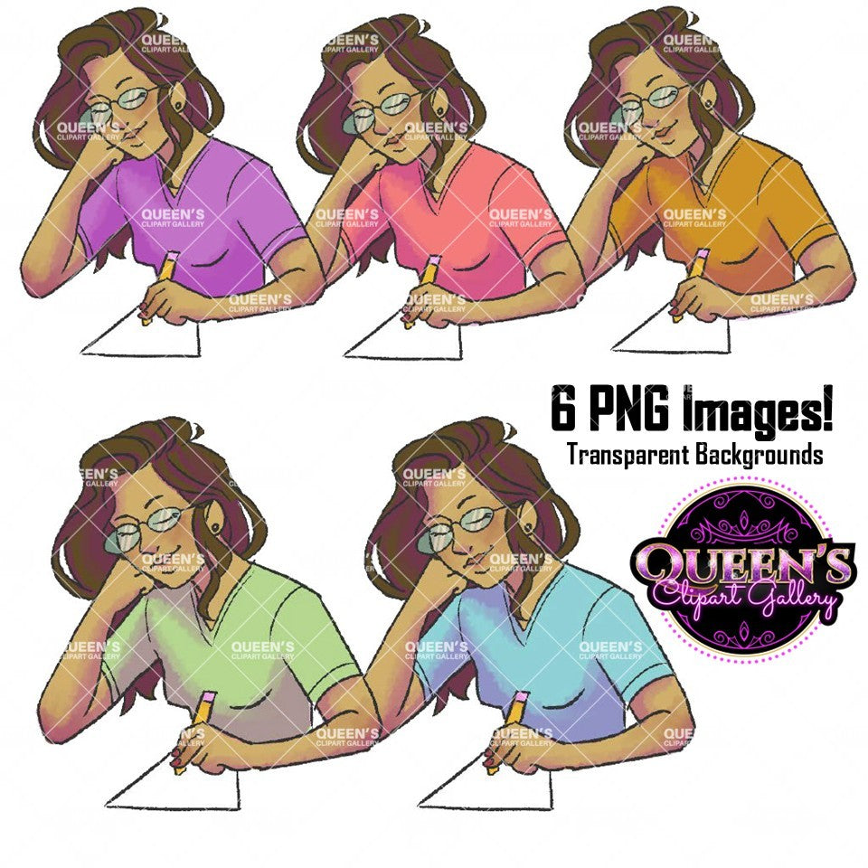 Female student writing clipart with glasses, pencil and paper in purple, pink, orange, green and blue shirt variations with transparent backgrounds.