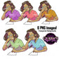 Female student writing clipart with glasses, pencil and paper in purple, pink, orange, green and blue shirt variations with transparent backgrounds.