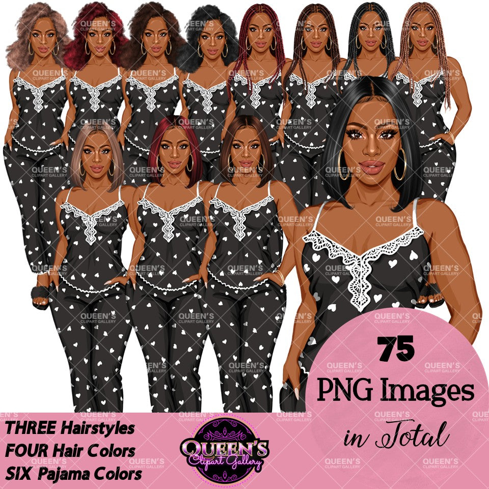African American pajama girl clipart PNG featuring a stylish black woman in heart print black sleepwear with multiple hairstyles, hair colors, pajama color variations, and transparent background. Black Woman clipart PNG, modern female illustration for planners, websites, educational resources, and commercial use.