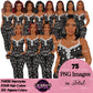 African American pajama girl clipart PNG featuring a stylish black woman in heart print black sleepwear with multiple hairstyles, hair colors, pajama color variations, and transparent background. Black Woman clipart PNG, modern female illustration for planners, websites, educational resources, and commercial use.