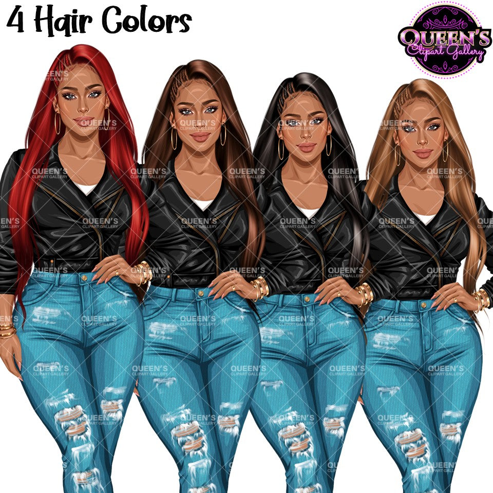 Fashion woman clipart wearing black leather jacket and ripped jeans in four long straight hair colors, stylish female PNG illustrations with transparent backgrounds