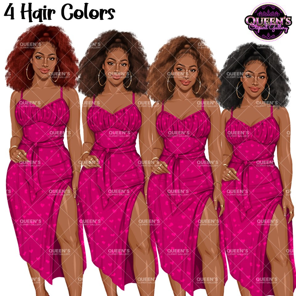 Black woman clipart with voluminous afro hairstyles in red, brunette, auburn and black hair colors wearing pink midi dresses, PNG images with transparent backgrounds