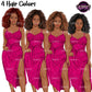 Black woman clipart with voluminous afro hairstyles in red, brunette, auburn and black hair colors wearing pink midi dresses, PNG images with transparent backgrounds