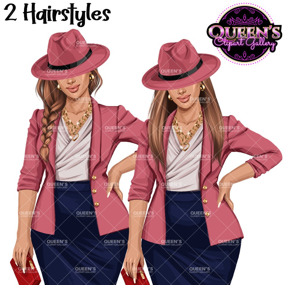Stylish woman clipart with fedora hats, braided and straight hairstyles, PNG images with transparent backgrounds.