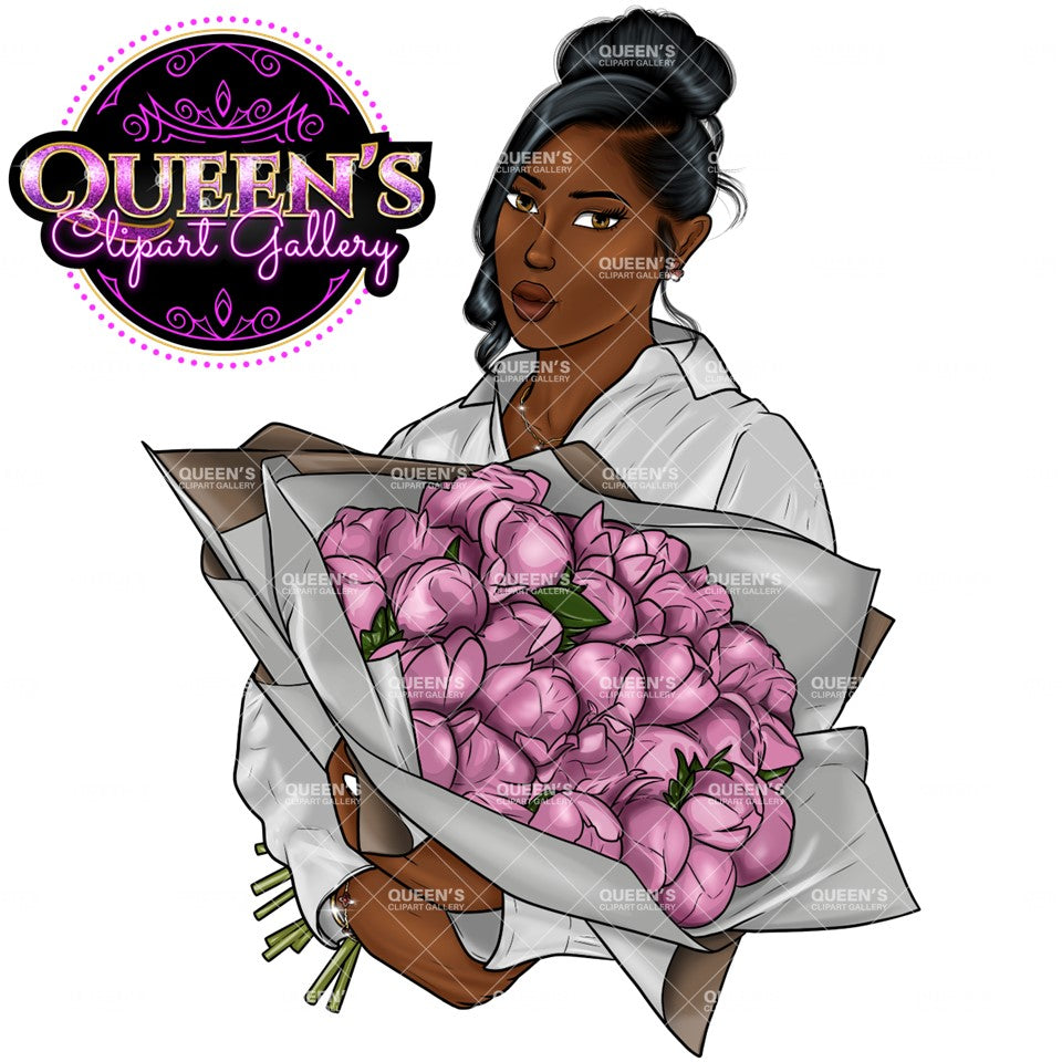 Woman With Flowers Clipart, Mother's Day Clipart, Fashion Girl Clipart, Flowers Clipart, Roses Clipart, Black Woman Clipart, Afro Woman