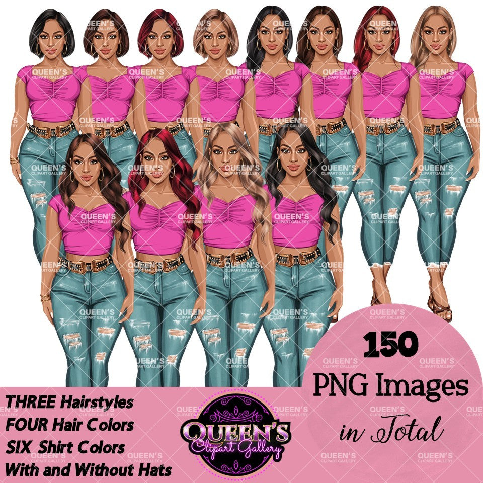 Fashion Woman Clipart Bundle PNG | Cowgirl Woman Clipart | Western Fashion Girls | Denim Fashion Illustration