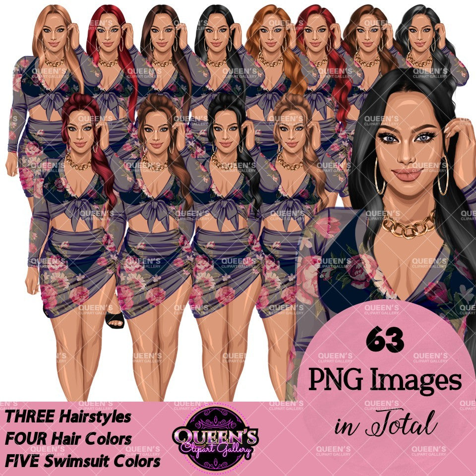 Floral swimsuit clipart PNG featuring a stylish  woman in a floral bathing suit with sheer cover-up, multiple hairstyles, hair colors, outfit color variations, and transparent background. Fashion woman clipart PNG, stylish female illustration for planners, websites, branding, and commercial use.