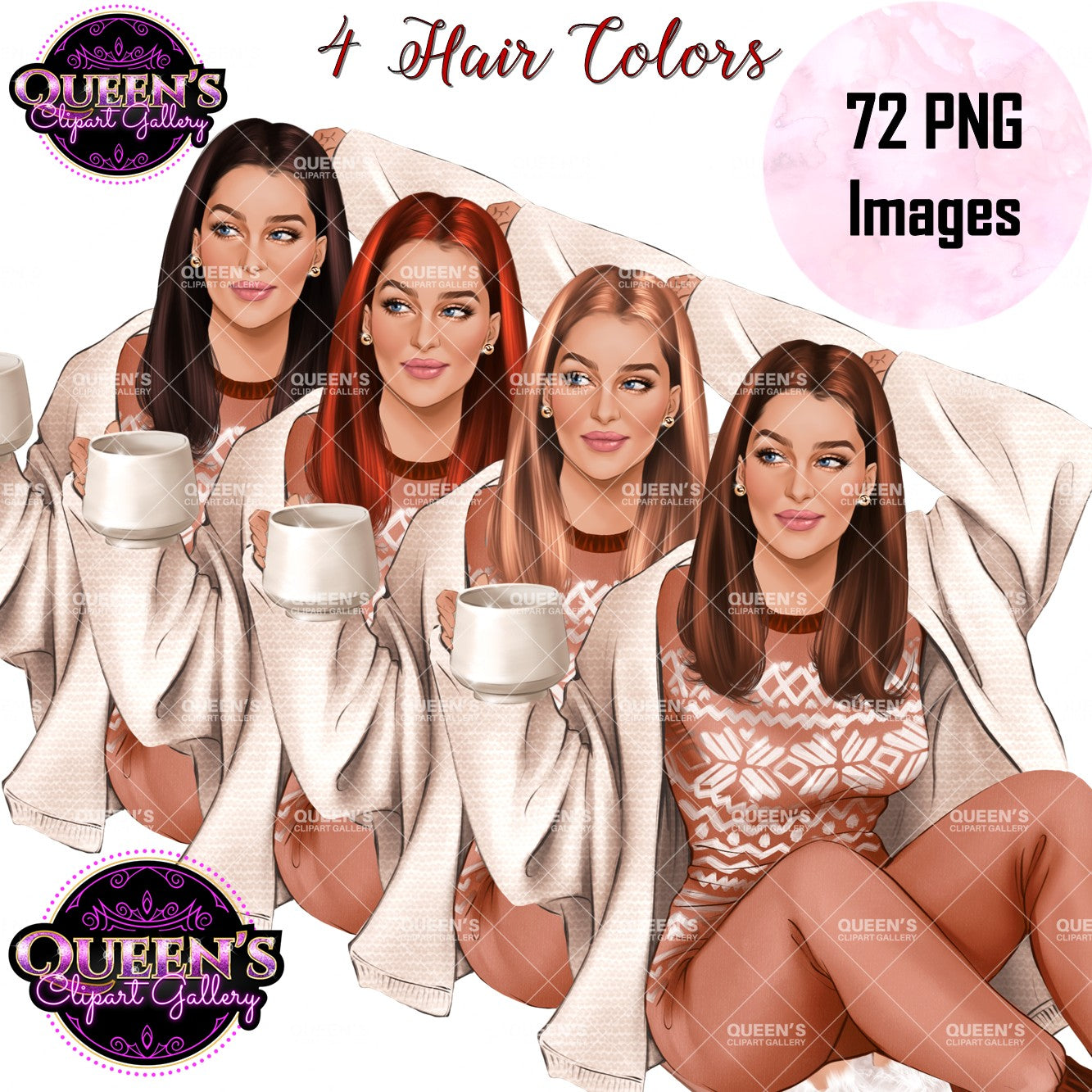 Christmas Clipart | Winter Clipart | Cozy Clipart | Woman | Holiday | Santa Hat | Coffee | Cozy Woman Clipart