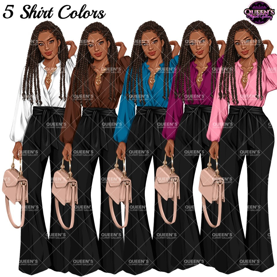 Black business woman clipart with long braids, white, brown, blue, magenta and pink blouses, black wide leg pants and handbag.