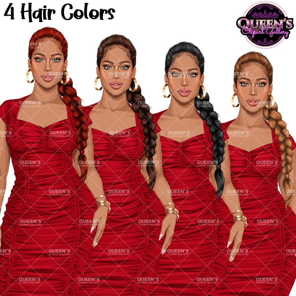Woman clipart featuring stylish female characters with long side braids in red, brunette, black, and blonde hair colors wearing elegant red dresses.