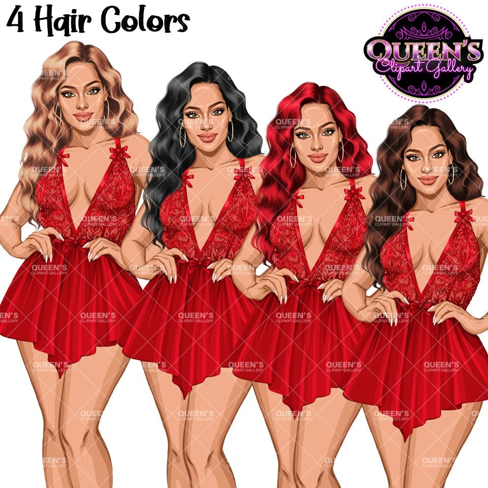 Lingerie clipart featuring 4 hair color variations with lace lingerie and transparent PNG backgrounds.