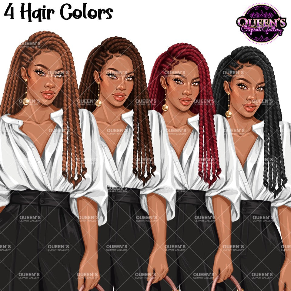 Black business woman clipart with long braids in brunette, brown, burgundy and black hair colors, white blouse and professional attire, transparent background PNG.