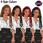 Black business woman clipart with long braids in brunette, brown, burgundy and black hair colors, white blouse and professional attire, transparent background PNG.