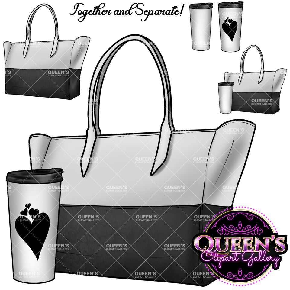 White and black tote bag clipart with travel coffee cup, featuring purse and coffee designs together and separately on transparent backgrounds.
