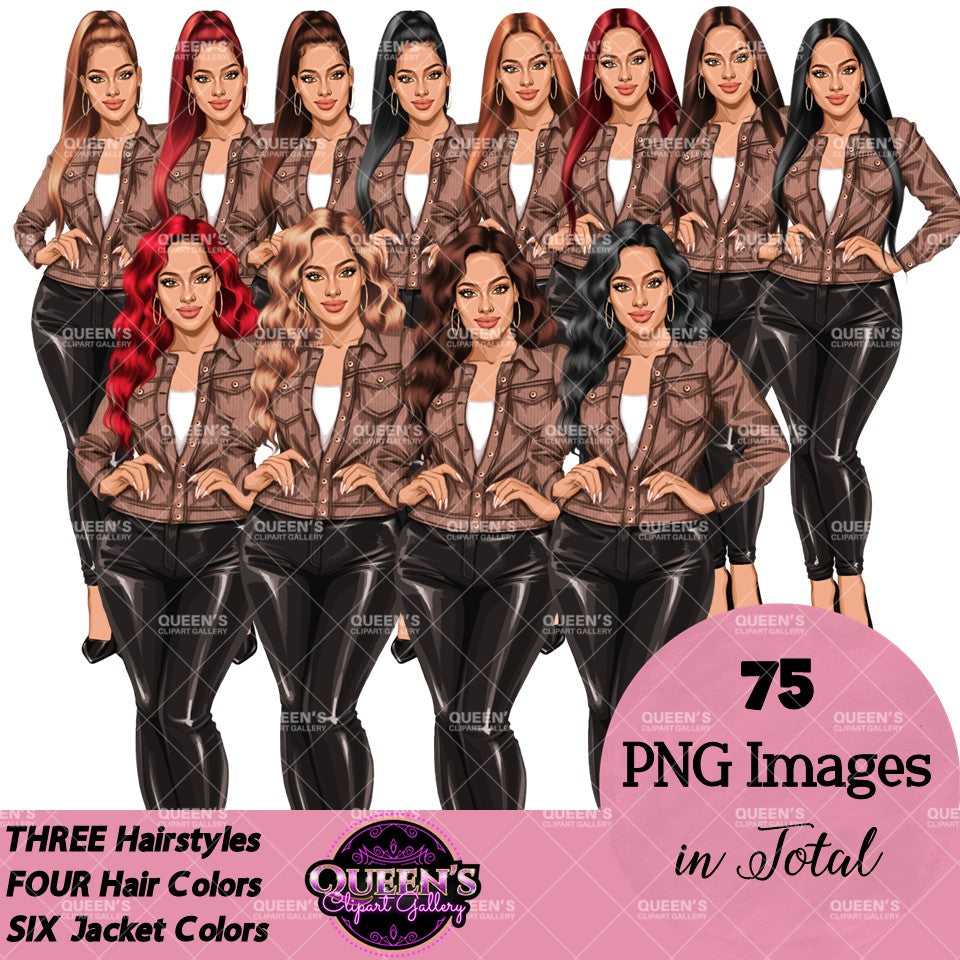 Digital clipart  featuring a stylized woman in a brown button-up jacket and black pants.  Fashion woman clipart PNG featuring a stylish woman wearing a casual jacket with 3 hairstyles, 4 hair colors, 6 jacket color variations, and transparent background.