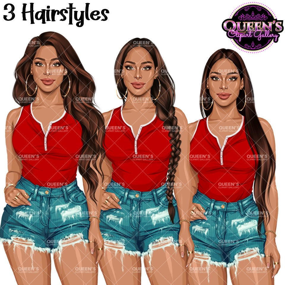 Fashion woman clipart in denim shorts and red sleeveless top with long wavy hair, side braid and long straight hairstyles, PNG images with transparent backgrounds