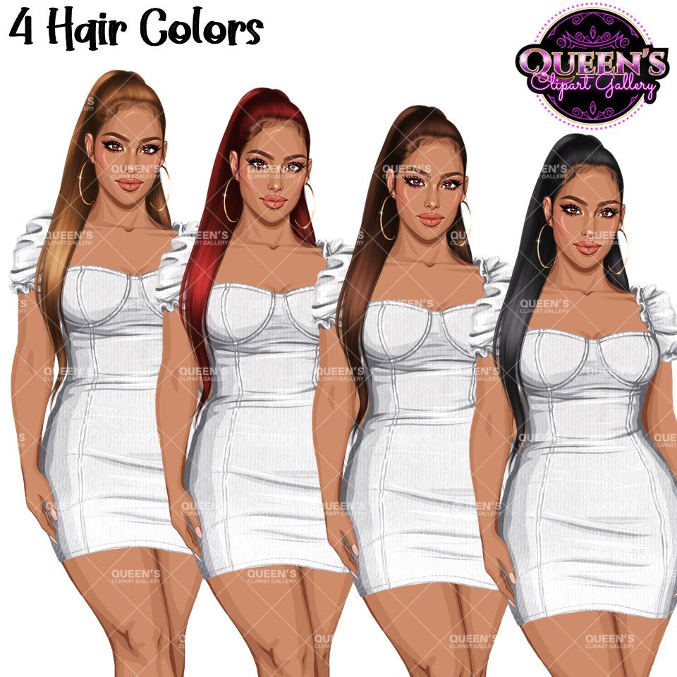 Woman in dress clipart featuring 4 hair color variations with a fitted mini dress and transparent PNG backgrounds.