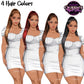 Woman in dress clipart featuring 4 hair color variations with a fitted mini dress and transparent PNG backgrounds.