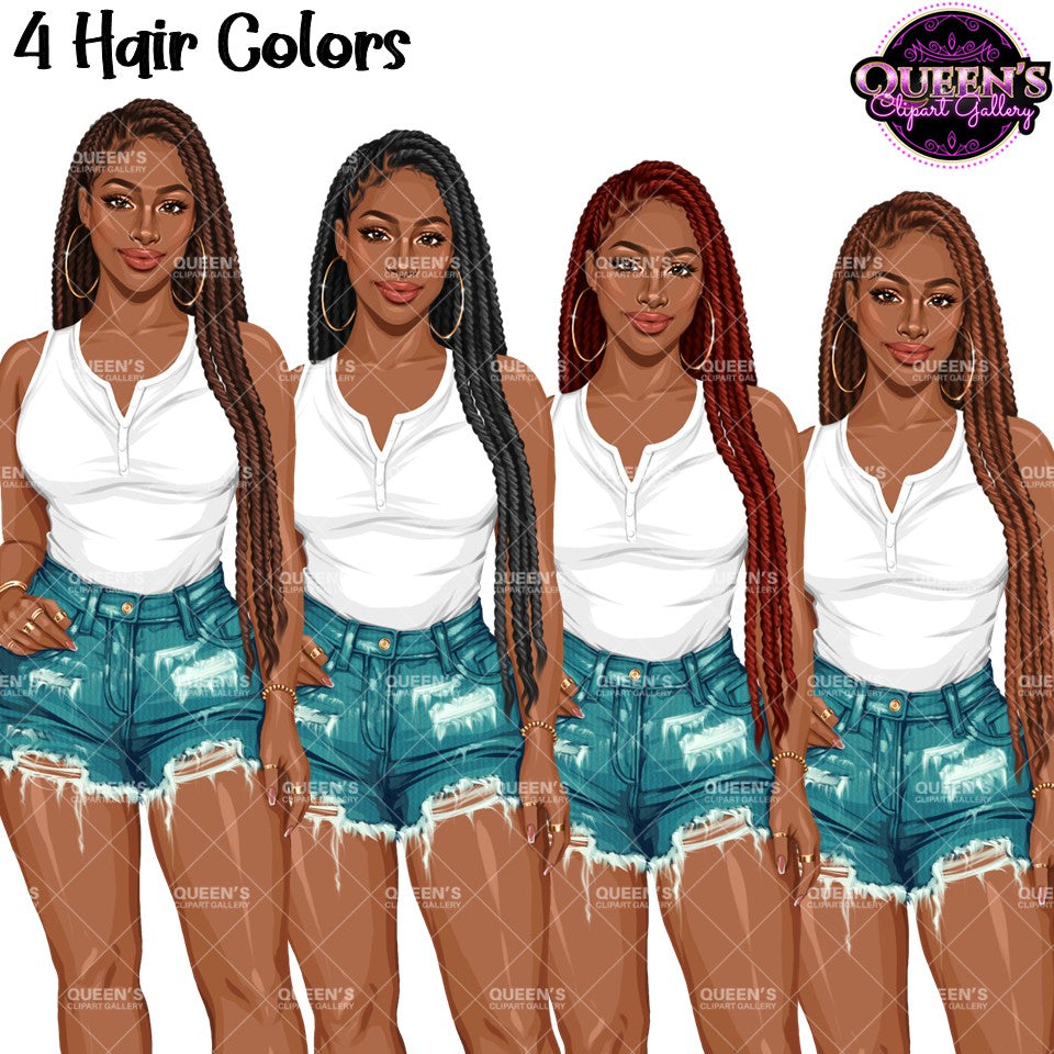 African American woman clipart with long braided hairstyles in black, brown, red and auburn hair colors, white top and ripped denim shorts, PNG with transparent backgrounds