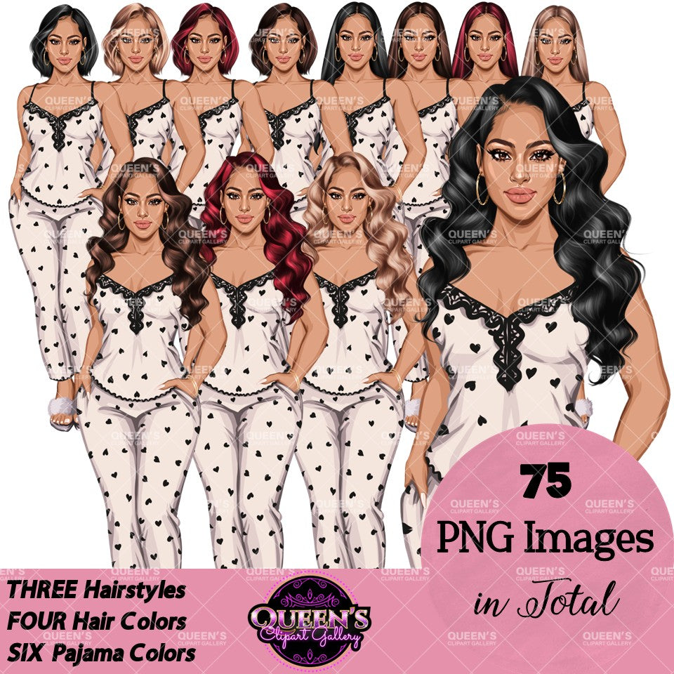 Non-African American white pajama girl clipart PNG featuring a stylish woman in heart print white sleepwear with multiple hairstyles, hair colors, pajama color variations, and transparent background. Woman clipart PNG, modern female illustration for planners, websites, educational resources, and commercial use.