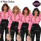 Business woman clipart featuring brunette, blonde, red and black bob hairstyles, pink blouse, black wide-leg pants and handbag.