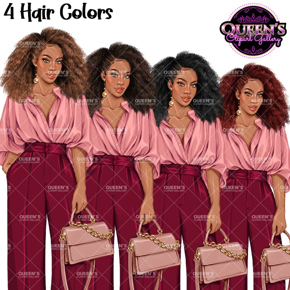 Black woman clipart with natural curly Afro hairstyles in brown, brunette, black and burgundy hair colors, professional fashion PNG with transparent background.