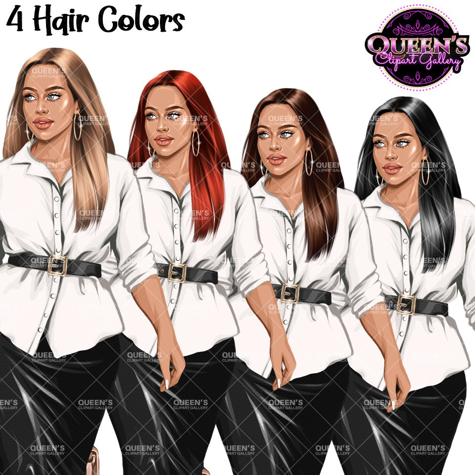 Professional woman clipart featuring four hair colors with white blouse, black pencil skirt and stylish business attire.