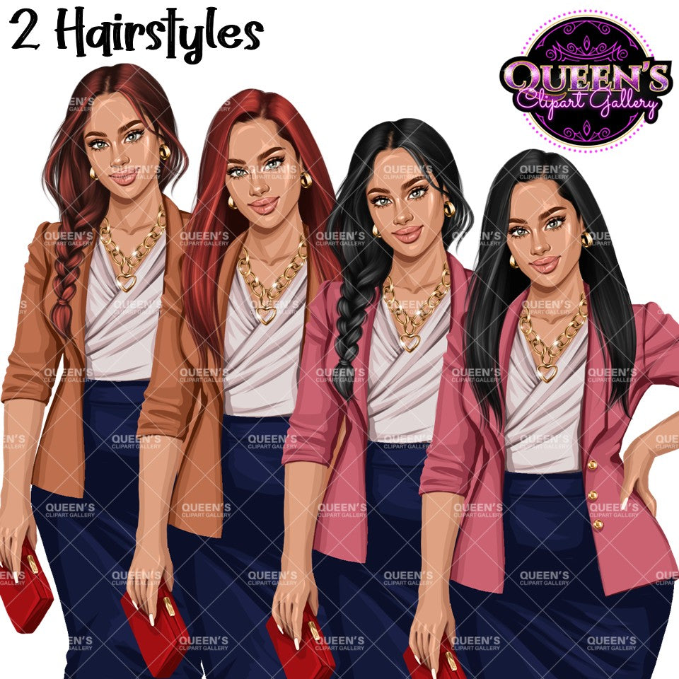 Professional woman clipart with braided and straight hairstyles, pink and brown blazers, PNG images with transparent backgrounds.