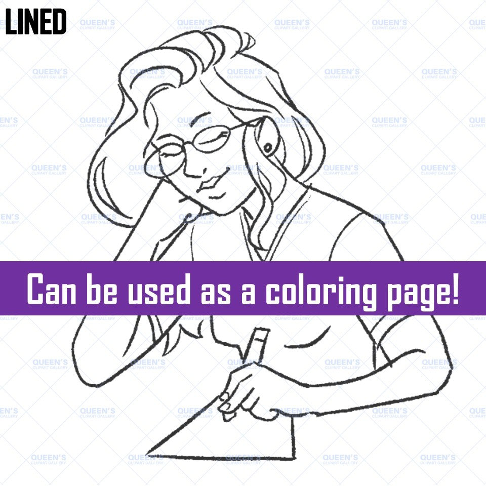 Lined female student writing clipart with glasses, pencil and paper, black and white school illustration that can be used as a coloring page.