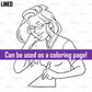 Lined female student writing clipart with glasses, pencil and paper, black and white school illustration that can be used as a coloring page.