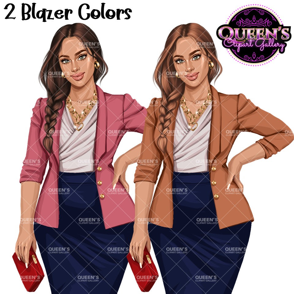 Business woman clipart in pink and brown blazers with navy pencil skirt, PNG images with transparent backgrounds.