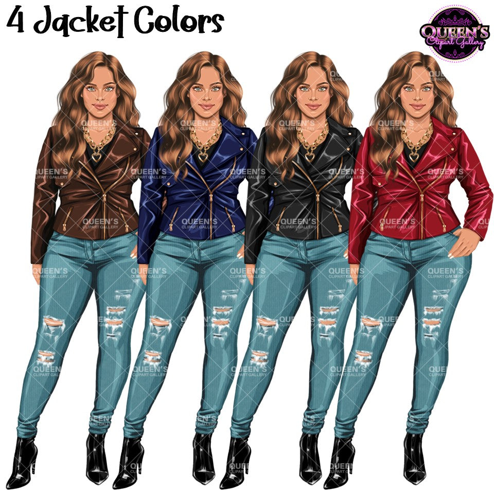 Plus size fashion woman clipart featuring brown, blue, black and red leather jacket color options with ripped jeans and black ankle boots with transparent backgrounds.