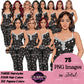 Non-African American white pajama girl clipart PNG featuring a stylish woman in heart print black sleepwear with multiple hairstyles, hair colors, pajama color variations, and transparent background. Woman clipart PNG, modern female illustration for planners, websites, educational resources, and commercial use.