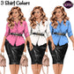 Curvy business woman clipart featuring pink, white and blue blouse options with black pencil skirt, belt and handbag.