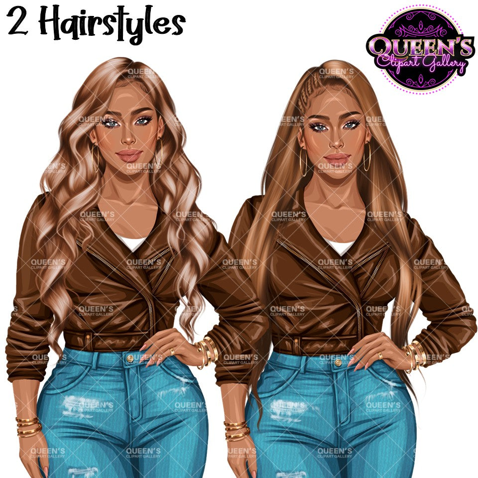 Fashion woman clipart in brown leather jacket and ripped denim jeans with long wavy and straight hairstyles, stylish female PNGs with transparent backgrounds