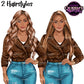 Fashion woman clipart in brown leather jacket and ripped denim jeans with long wavy and straight hairstyles, stylish female PNGs with transparent backgrounds