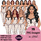 Non-African American white pajama girl clipart PNG featuring a stylish woman in heart print white sleepwear with multiple hairstyles, hair colors, pajama color variations, and transparent background. Woman clipart PNG, modern female illustration for planners, websites, educational resources, and commercial use.
